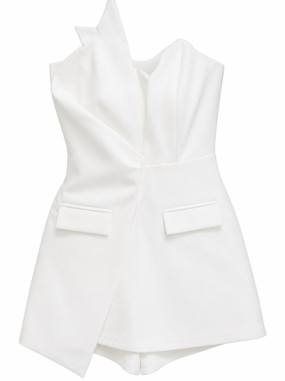 AKIRA White One-Shoulder Mini Romper with Flap Pockets